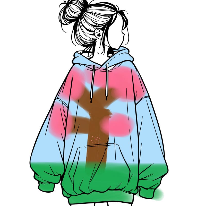 realistic girl with a oversized sweatshirt on and a bun