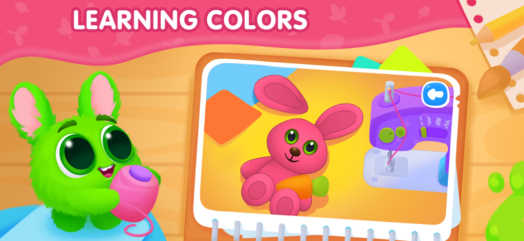 Colors learning Preschool game - Interfaz de juego educativo que muestra a la mascota verde Fluffy y un conejito rosa para aprender colores