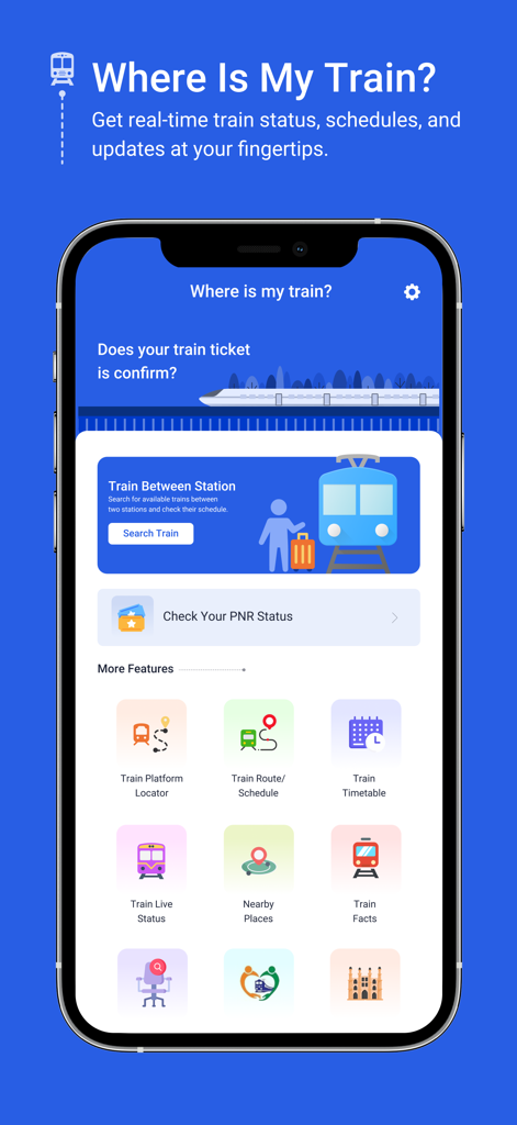 Where is my Train Live Status - iPhoneのWhere is my Train Live Statusアプリのホーム画面、PNRステータス、プラットフォームロケーター、列車のライブステータスのオプションが表示されています
