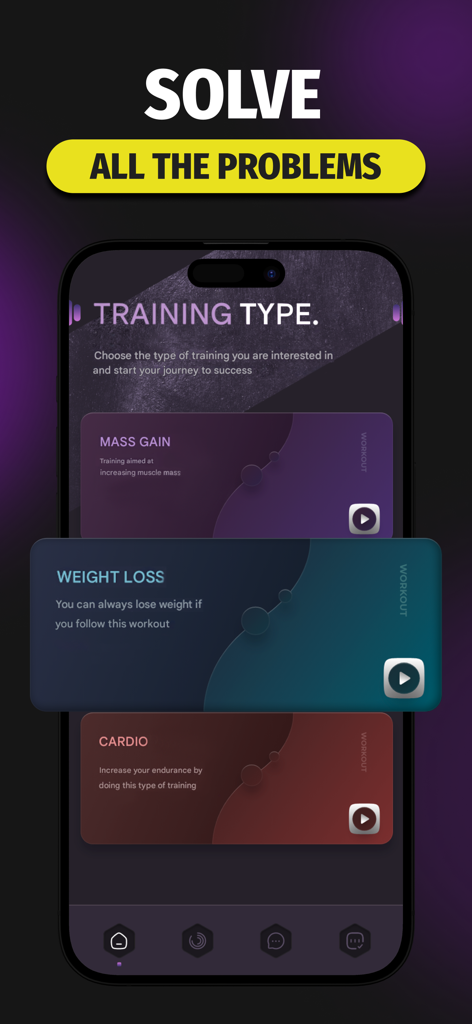 Lose Weight in 30 Days-Fitness - 체중 감량, 근육량 증가 및 유산소 운동 옵션을 보여주는 운동 선택 화면.