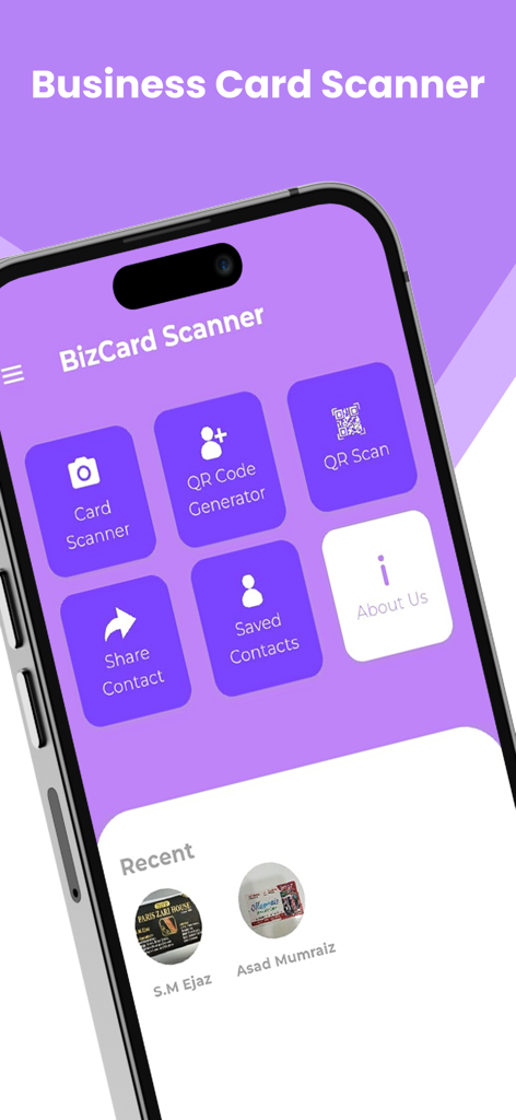 Oberfläche der BizCard Scanner App mit Schaltflächen zum Scannen von Karten und Generieren von QR-Codes.