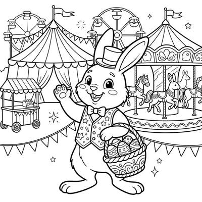 Join the festive Easter Bunny as he brings joy and eggs to a bustling carnival! This vibrant coloring page captures the high-energy spirit of a fairground, perfect for a creative escape.