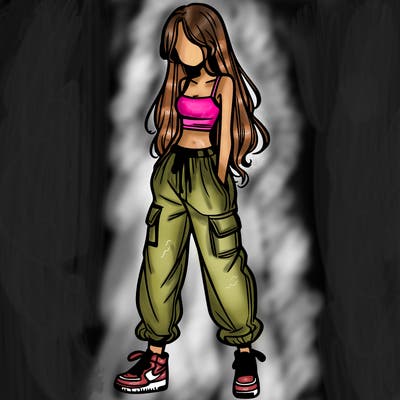 girl in baggy pants crop top and long hair