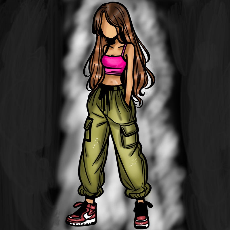 girl in baggy pants crop top and long hair