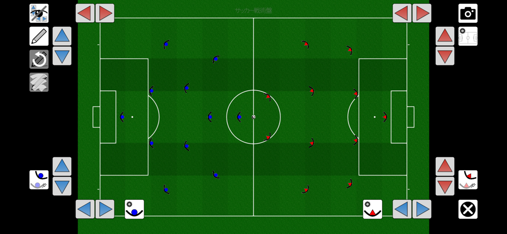 Football Tactics Board - A digital soccer tactics board with red and blue players on a green grass field showing strategic formations