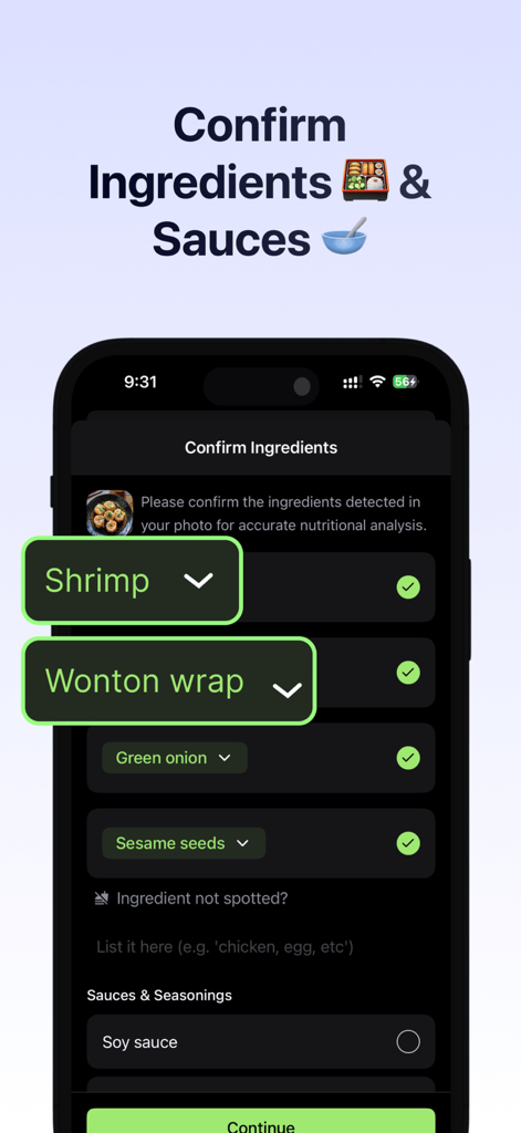 HealthMaxx: AI Calorie Tracker - Tela do aplicativo móvel para confirmar ingredientes e molhos detectados por IA para rastreamento nutricional preciso