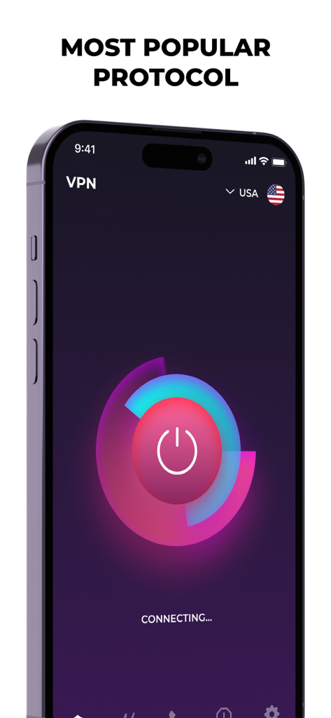 Louna System - VPN & Cleaner - 크고 중앙에 있는 전원 버튼과 함께 미국 서버에 연결 중인 Louna System VPN 인터페이스를 보여주는 iPhone 화면.