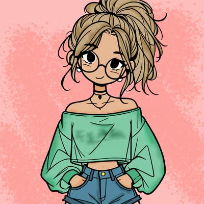 girl with a messy ponytail glasses a baggy crop top and jean shorts