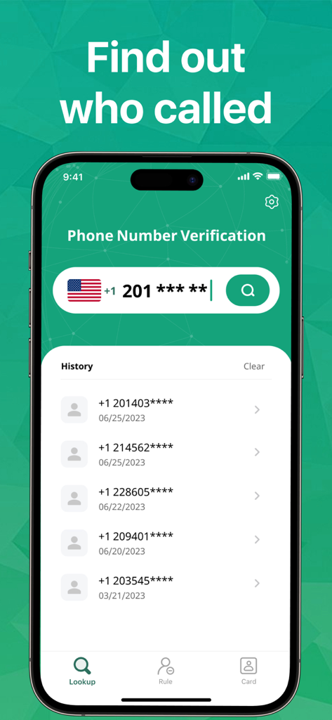 Number Book: Caller ID & Block - Interfaz de la aplicación Number Book que muestra la verificación del número de teléfono y el historial de búsqueda de llamadas.