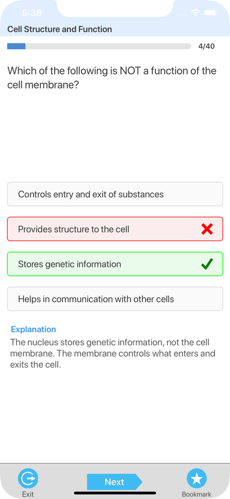 GCSE Biology Quiz Master - Screenshot of a biology quiz question about cell membrane functions with a detailed explanation