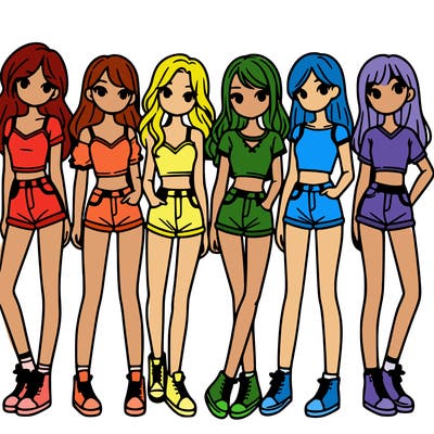 a group of girls wearing crop tops and shorts