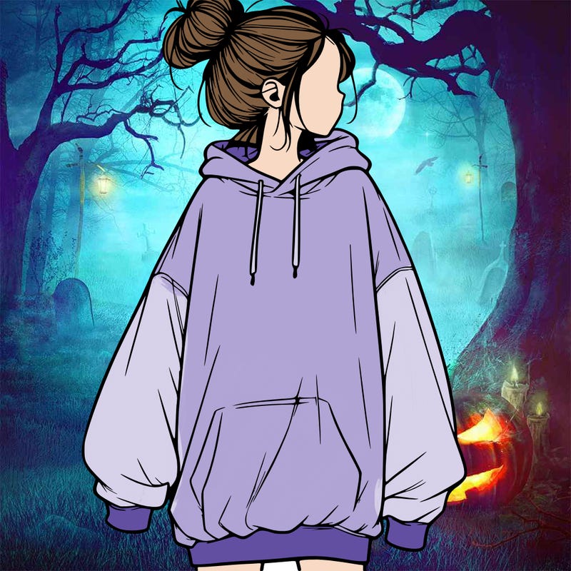 realistic girl with a oversized sweatshirt on and a bun