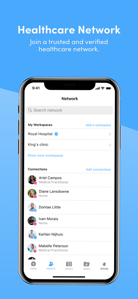 Celo app interface showing a verified healthcare network with lists of medical workspaces and professional connections