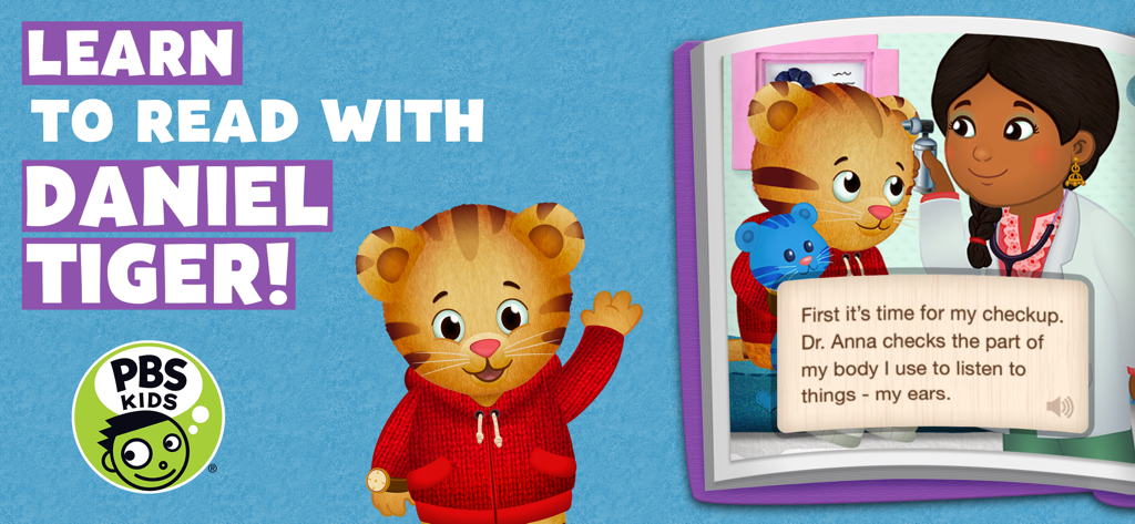 Daniel Tiger waving next to a digital storybook page about a checkup with Dr Anna