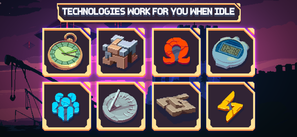 Icônes en pixel art de diverses technologies inactives et dispositifs de chronométrage dans Cosmos Quest