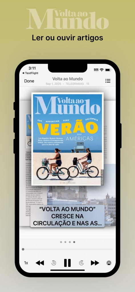 Volta ao Mundo - A smartphone screen showing the Volta ao Mundo app with options to read or listen to travel magazine articles