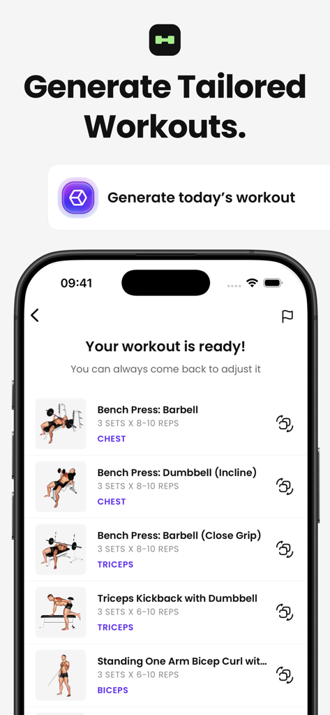 FitHero app screen showing a generated daily workout plan with various strength exercises.
