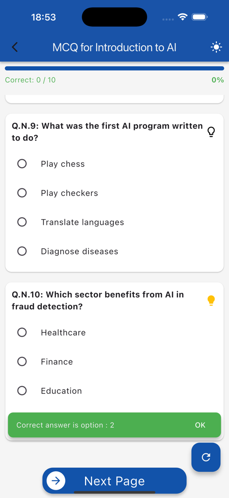Learn AI (LA) - Una pantalla de la aplicación Aprende IA que muestra un cuestionario de opción múltiple sobre la historia de la inteligencia artificial y la detección de fraudes