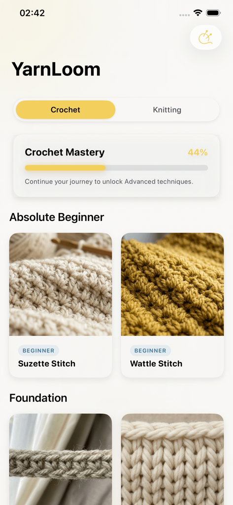YarnLoom：Crochet & Knitting - Captura de pantalla de la aplicación YarnLoom que muestra la barra de progreso de dominio de crochet y los patrones de puntos para principiantes como los puntos Suzette y Wattle.