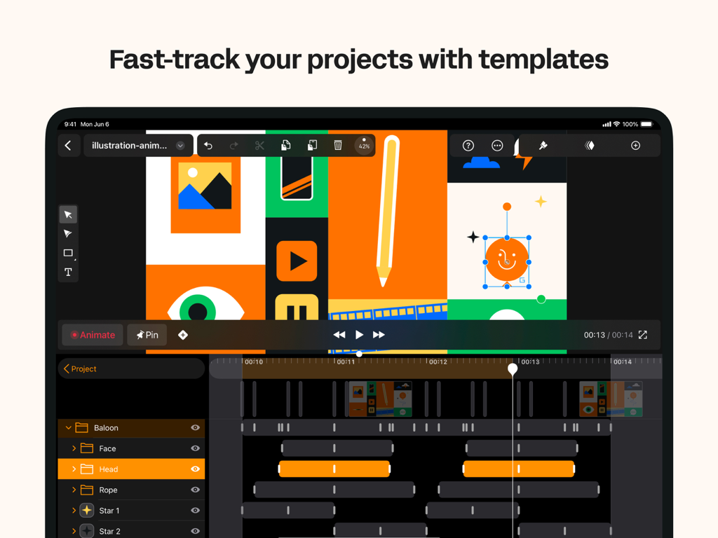 Linearity Move Motion Graphics - Linearity Move animation interface on iPad showing graphic design templates and a motion timeline.