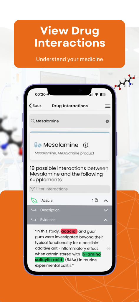 Smart Pill ID - Identify Drugs - Écran de l'application Smart Pill ID affichant les détails des interactions médicamenteuses entre la Mésalamine et l'Acacia avec des preuves cliniques