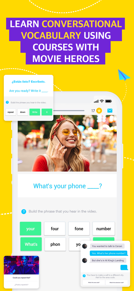 EWA app interface showing language learning exercises using movie heroes and conversational vocabulary