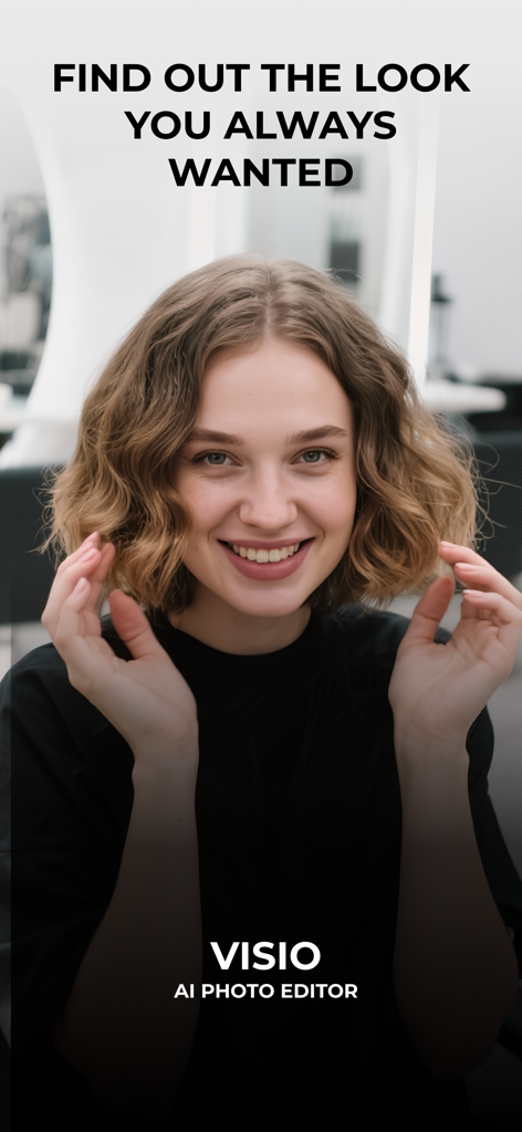 Uma jovem sorrindo com cabelo curto e ondulado na tela de introdução do aplicativo Visio AI Photo Editor