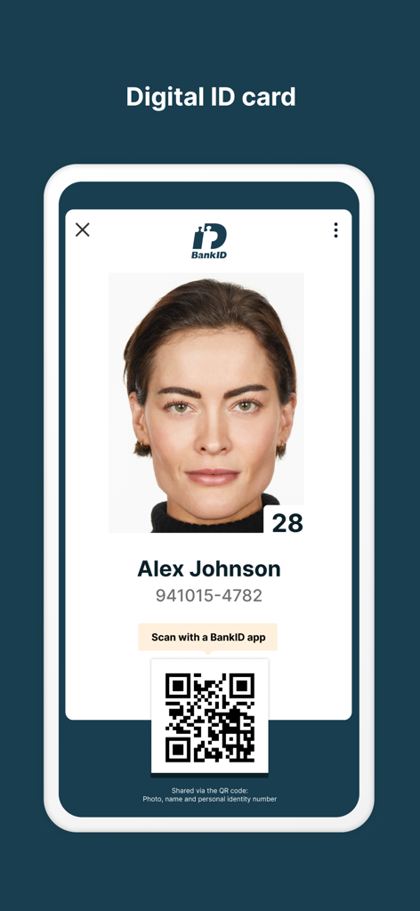 BankID Security App - Pantalla de tarjeta de identidad digital de la App de Seguridad BankID con foto del usuario y código QR.