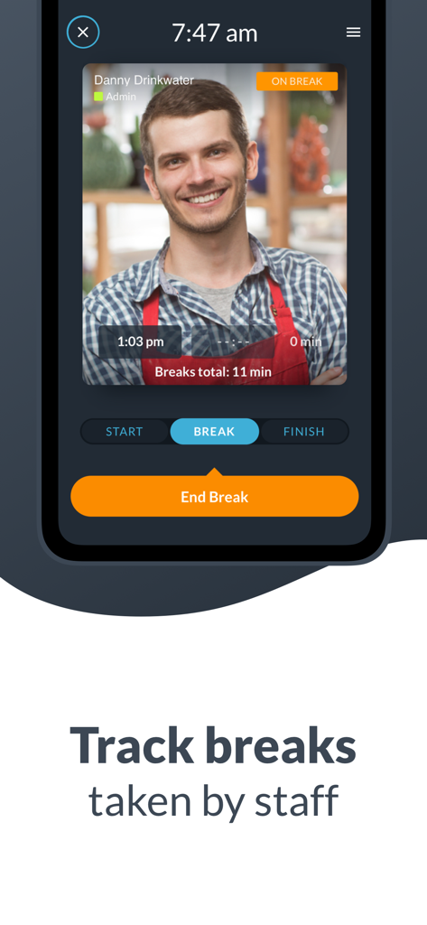 Interface do aplicativo móvel mostrando o rastreamento de intervalos da equipe com verificação por foto do funcionário e botão de fim de intervalo