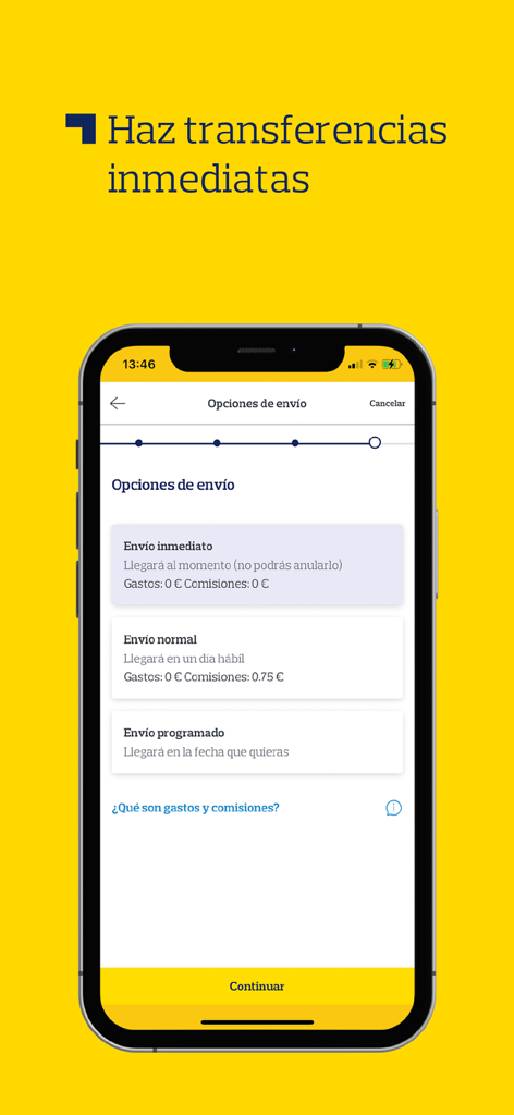 Banco Pichincha España - Banco Pichincha Spanien Mobile App-Bildschirm, der Optionen für sofortige Überweisungen zeigt