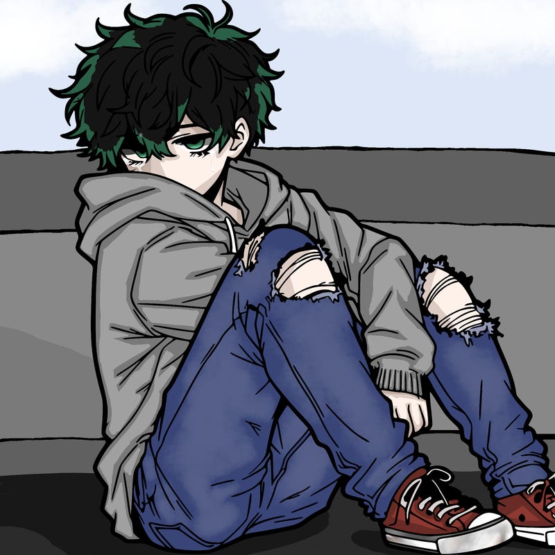 a male hoddie ripped jeans messy hair anime