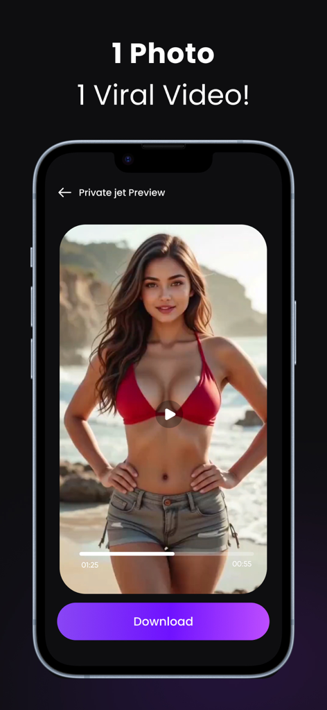 AI Video Generator: TrendVideo - Smartphone screen showing the TrendVideo app interface with a viral video preview of a woman on a beach and a purple download button