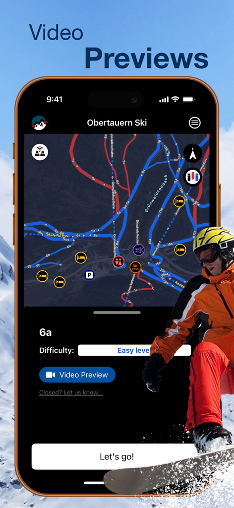 Obertauern - Smartphone screen of the Obertauern ski app displaying a video preview option for a ski slope with an interactive map