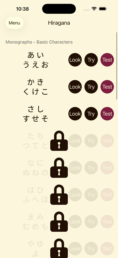 App Kana School che mostra lezioni di caratteri Hiragana con pulsanti 'look', 'try' e 'test'