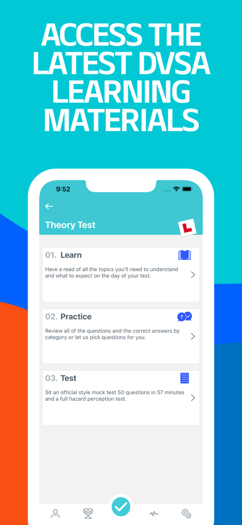 The Complete Theory Test 2026 - The Complete Theory Test 2026 app interface showing Learn Practice and Test modules for DVSA exam preparation