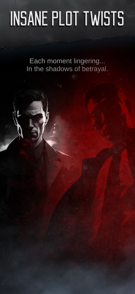 Murder Mystery Detective Story - Dramatische Illustration im Noir-Stil von zwei Männern in Anzügen mit dem Text „verrückte Wendungen“