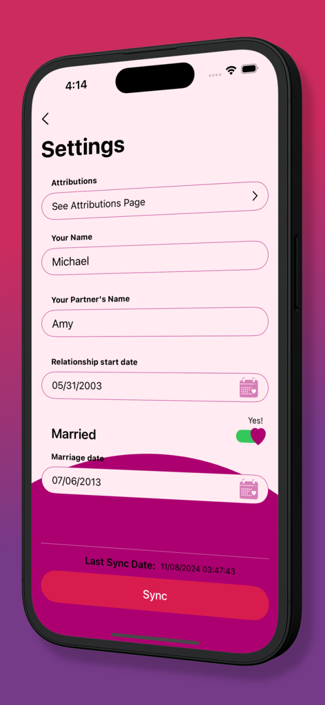 Our Time Together - Settings screen of the Our Time Together app showing user names and relationship dates