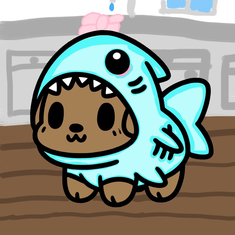 cute dog wearing a shark costume