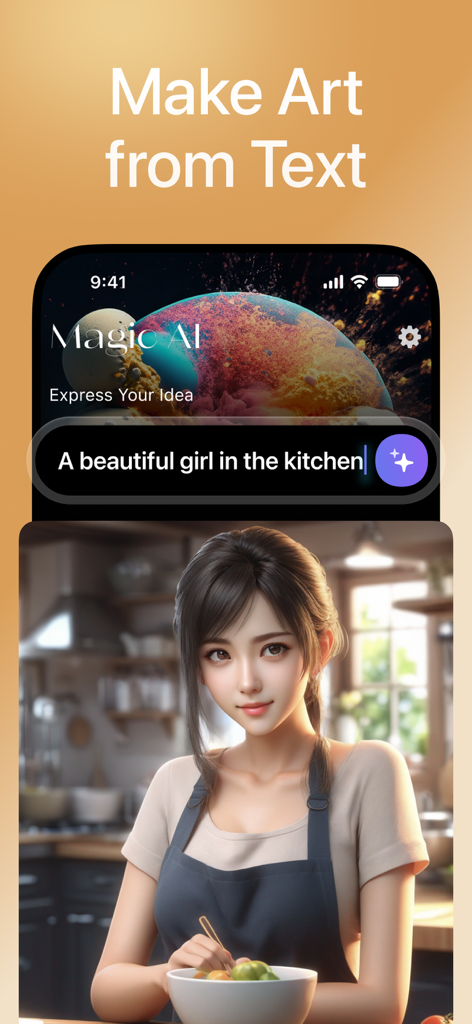 Magic AI Video & Art Generator - Magic AI app interface showing an AI generated image of a girl in a kitchen based on a text prompt
