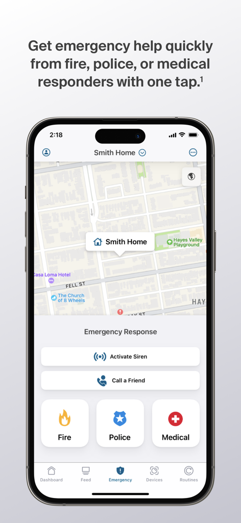 Arlo Secure app interface displaying emergency response options including one-tap buttons for fire, police, and medical help.