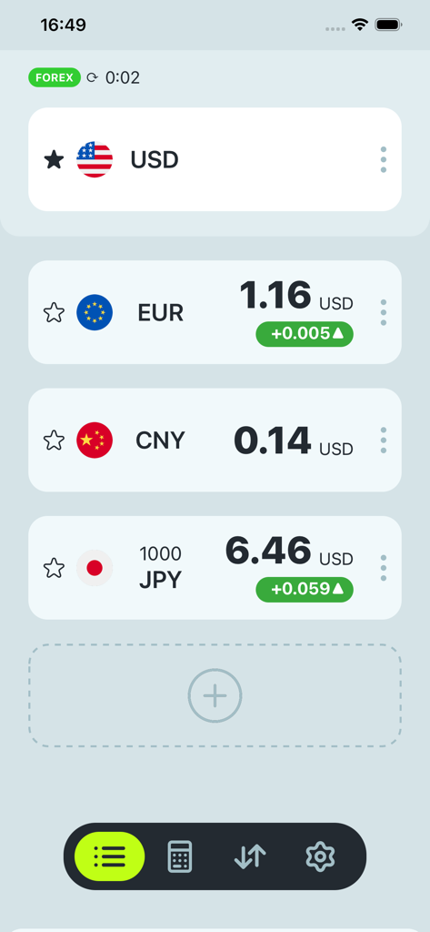 Forex converter app screen showing real time exchange rates for multiple currencies