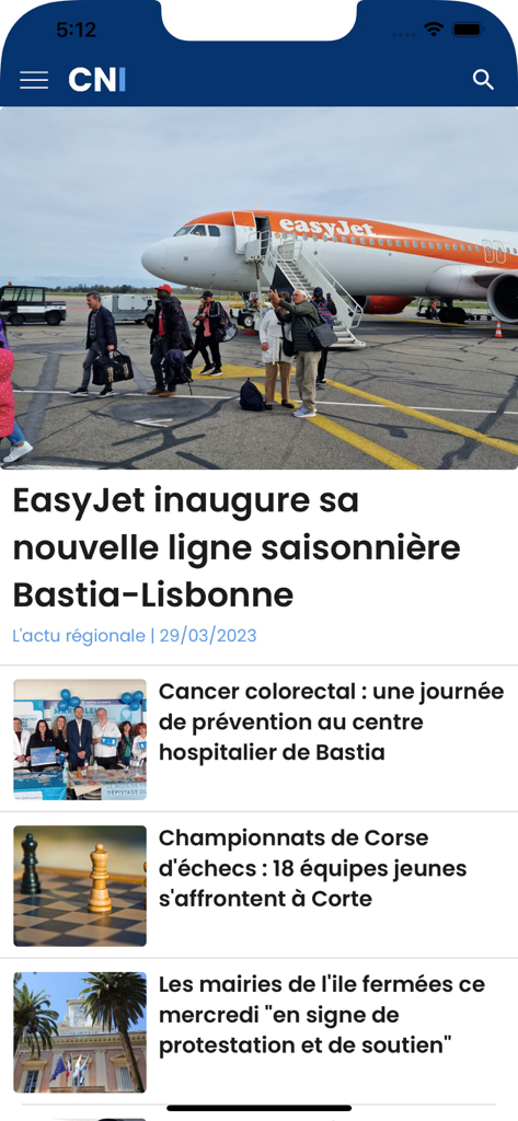 Interface of the Corse Net Infos mobile app displaying local Corsican news articles and headlines