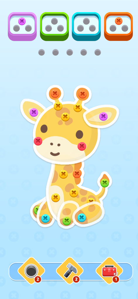 Capture d'écran du gameplay de Screw It Out montrant une girafe jaune mignonne couverte de vis colorées à dévisser.