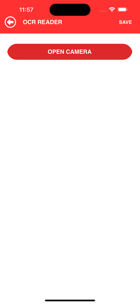 myPefy: Web to PDF Convert - Écran du lecteur OCR de l'application myPefy avec un bouton rouge pour ouvrir l'appareil photo pour numériser des documents