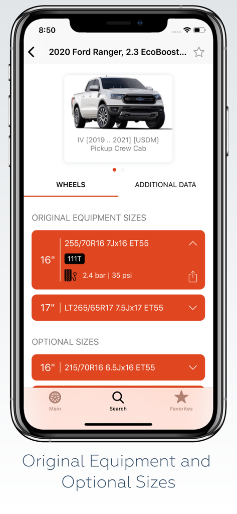 Wheel Size app displaying original and optional tire and rim sizes for a 2020 Ford Ranger.