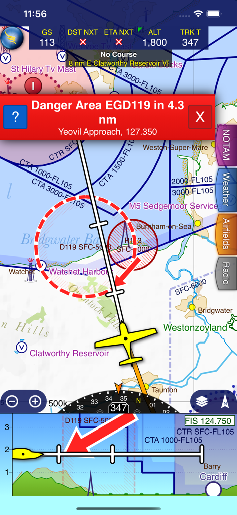 SkyDemon - SkyDemon flight navigation interface with a red danger area warning and a virtual radar side-on projection