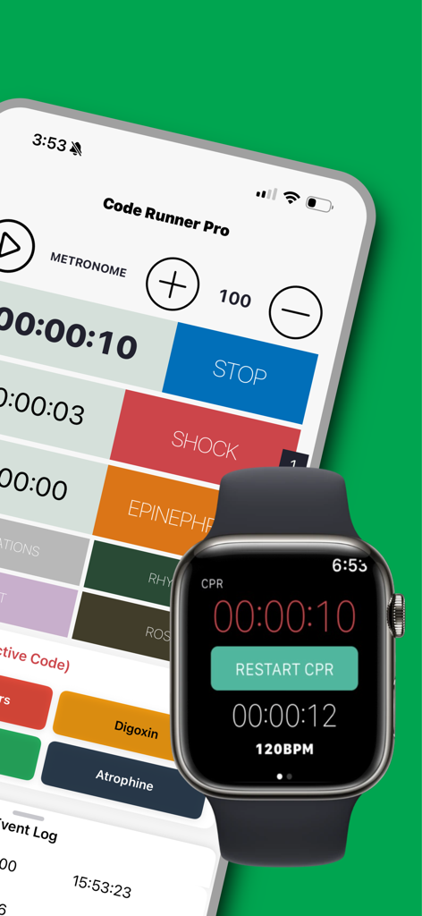 Interface of the Code Runner Pro app on iPhone and Apple Watch showing CPR timers and emergency medical logging tools.