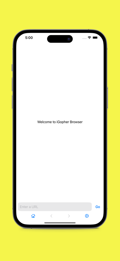 iGopherBrowser - Minimalist welcome screen of iGopherBrowser on an iPhone showing a simple URL entry bar and navigation icons.