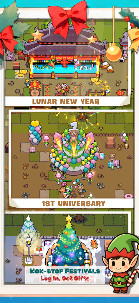 Treasure Hunter - Survival - Collage of seasonal game events in Treasure Hunter Survival including Lunar New Year, 1st Anniversary, and Christmas festivals in 2D pixel art style.