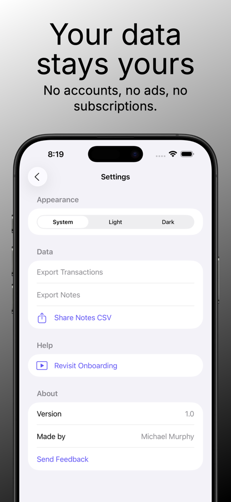 Budgetary - Budget Planner - Pantalla de configuración de la aplicación Budgetary que muestra la configuración de privacidad y las opciones de exportación de datos CSV